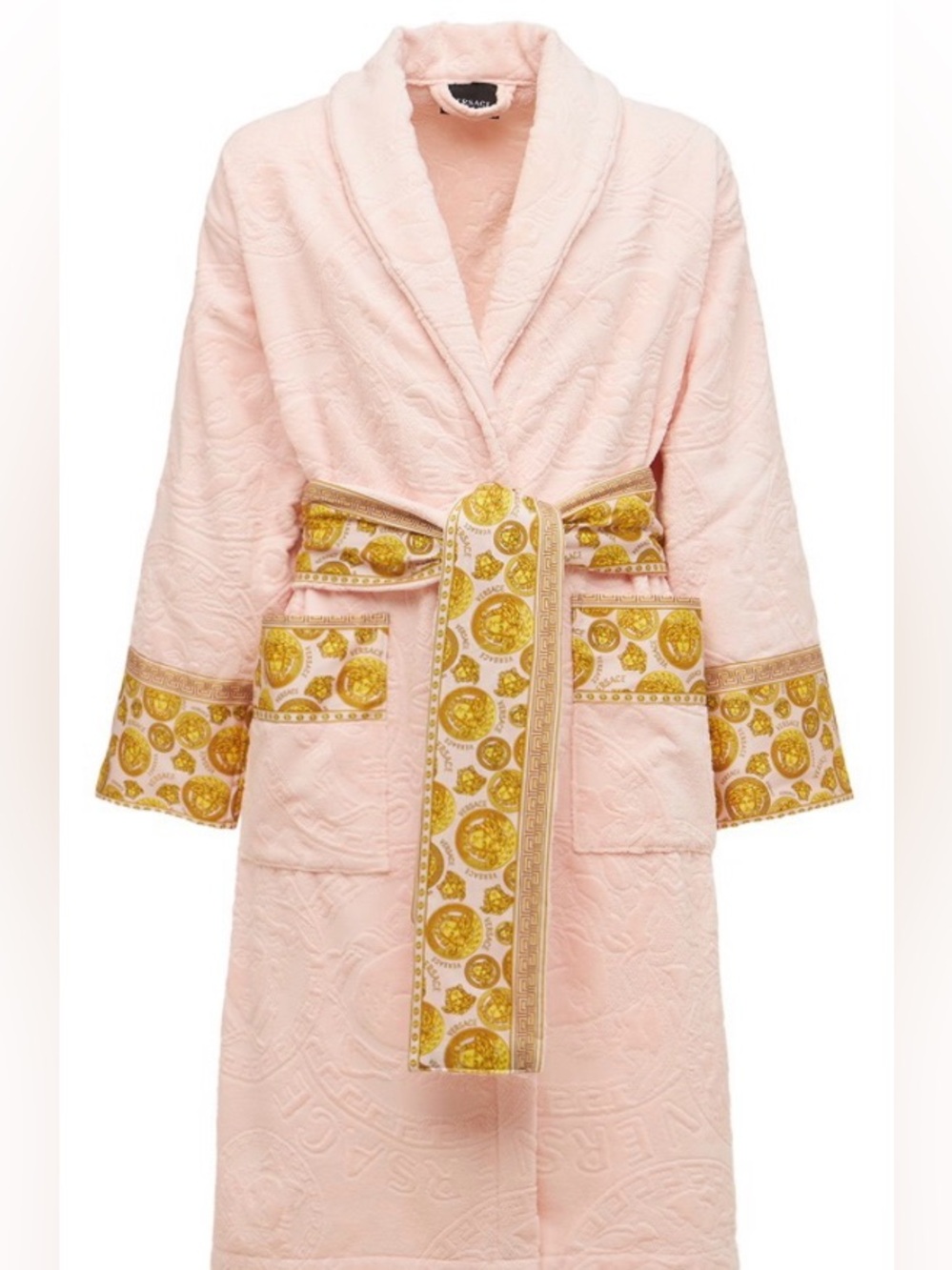 Versace L Light Pink Robe with Gold Medallion Trim and Belt NWT and Box